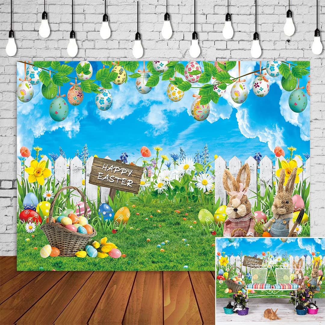 BINQOO 7x5FT Blue Sky Happy Easter Rabbit Photography Backdrop Spring Bunny Colorful Eggs Wood Fence Garden Grass Lawn Background Kids Easter Party Decoration