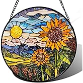 AMDERVEN Stained Glass Suncatcher, Sunflower Flowers Landscape Sun Catcher Plant Mountains Stain Glass Window Hanging Decoration Mother's Day Birthday Gifts for Women Men Mom Nana 9.8 in