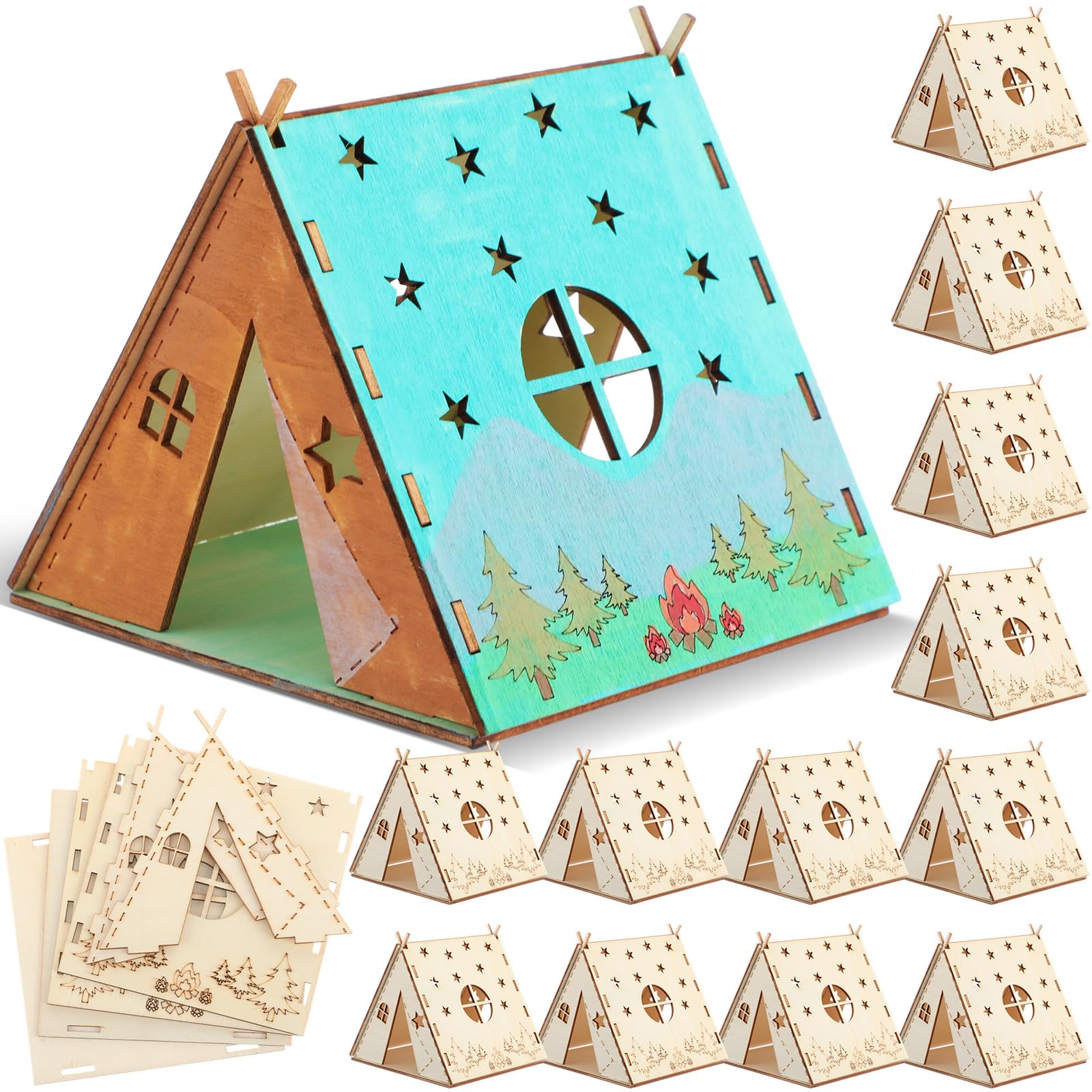 Photo 1 of DoubleFill 12 Pcs Camping Crafts Paint Camping Wood Tent Crafts Kits for Kids DIY Picture Frame Gifts Bulk Summer Camp Party Favor Ornaments for Vbs Sunday School Home Activities Party Supplies