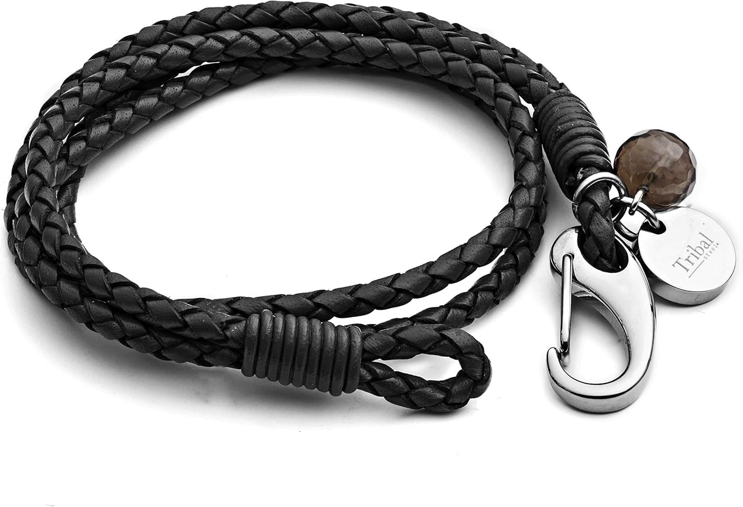 Tribal Steel Black Leather Bracelet for Women - Ladies 19cm Leather Charm Bracelet with a Crystal Charm, Stainless Steel Clasp - Image 3