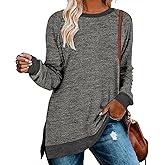 WELINCO Womens Crewneck Pullovers Color Block Long Sleeve Side Split Tunic Tops
