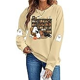 Halloween Reading Sweatshirts Women Vintage Ghost Reading Book Club Shirts Halloween Teacher Long Sleeve Fall Tops