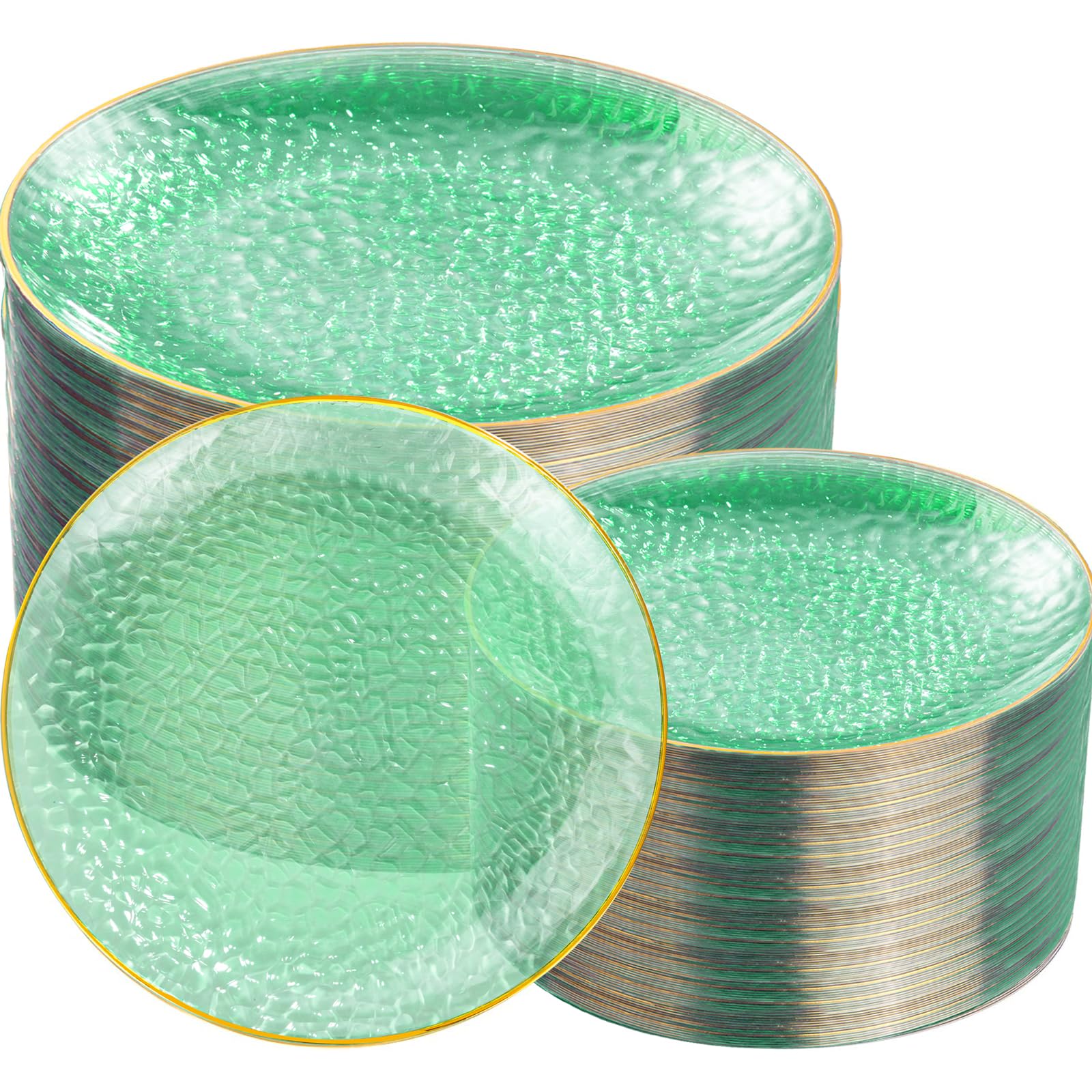 Photo 1 of Rubtlamp 100 Clear Green Gold Plastic Plates, Hammered Clear and Gold Disposable Plates Include 50 Dessert Platos, 50 Dinner Platos for Party