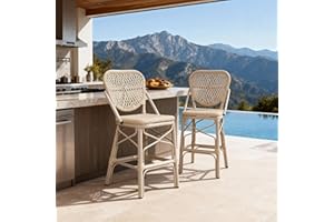 PURPLE LEAF French Counter Height Bar Stools Set of 2 Patio Rattan Aluminum White Pattern Finish Barstools with Back for Pool Garden Kitchen Island Outdoor Bar Chairs, Champagne