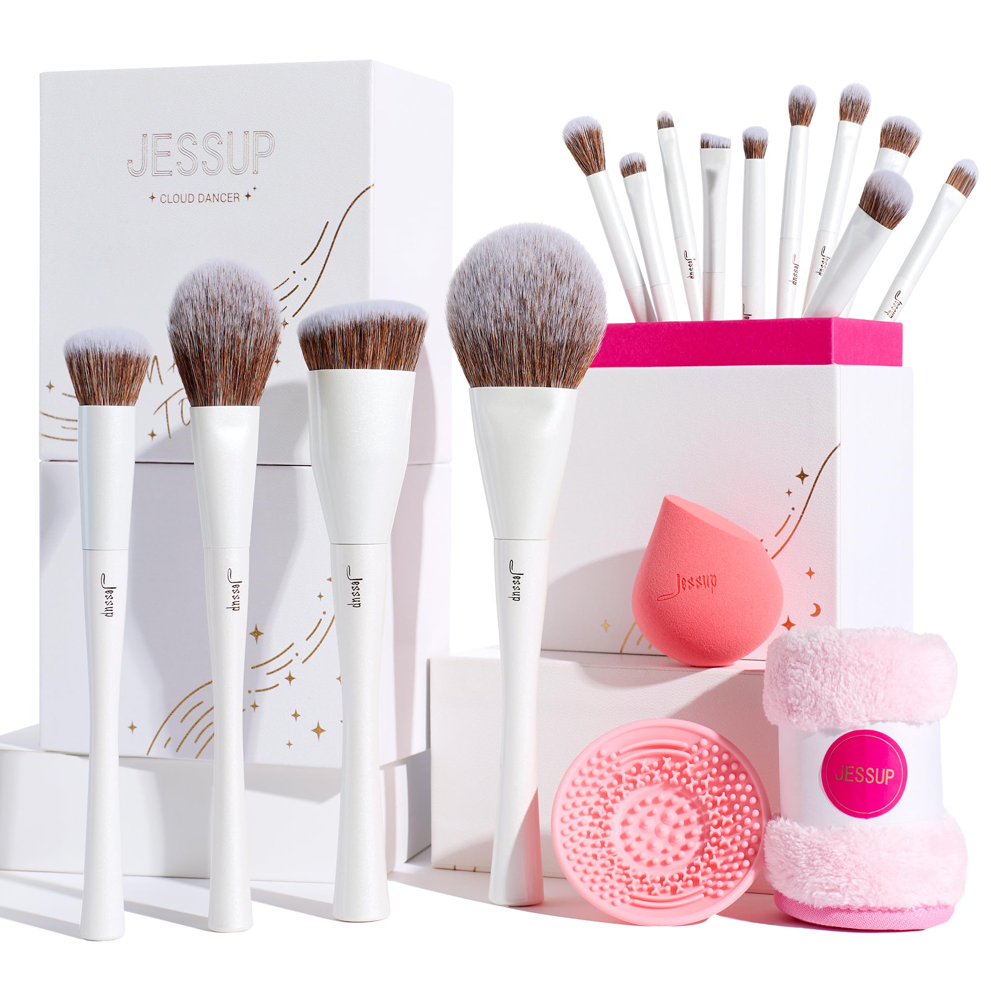 Jessup Makeup Brushes 14pcs Highend Make up Brush Set for Foundation, Concealer, Blush, Contour, Powder, Eyeshadow Brushes, Makeup Sponge, Cleaner and Towel, Pearl White T333 — image 1