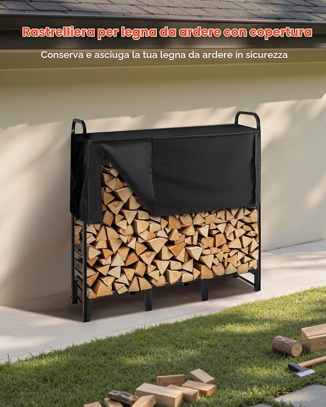 Portalegna con Copertura Impermeabile, Portalegna in Metallo per Esterni, 1220 x 320 x 1180 mm, Carico Massimo 181,4 kg, Copertura Parziale, Verniciato a Polvere, per Patio, Veranda