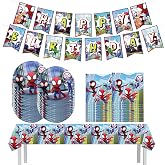 Spider Amazing Friends Birthday Supplies, Cartoon Movie Theme Party Tableware with Banner, Tablecloth, 20 Disposable Paper Plates with Napkins for Fans Adults Birthday Party Decorations