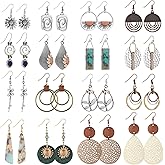 16 Pairs Earrings for Women Trendy, Funtopia Boho Dangle Earrings for Women, Vintage Statement Sunflower Round Geometric Earrings Wooden Leather Earrings