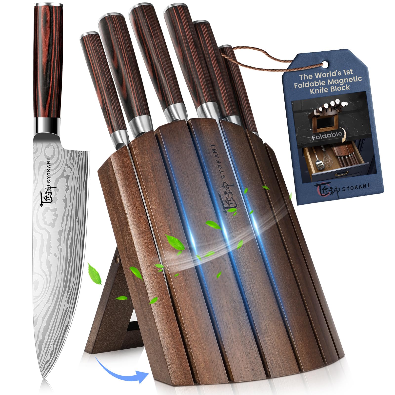 Photo 1 of SYOKAMI Knife Set 7 Piece Japanese Style Kitchen Knife Set With Foldable Magnetic Acacia Wood Block Sharp High Carbon Stainless Steel Knives Set for Kitchen with Anti-slip Ergonomic Handle, Ideal Gift