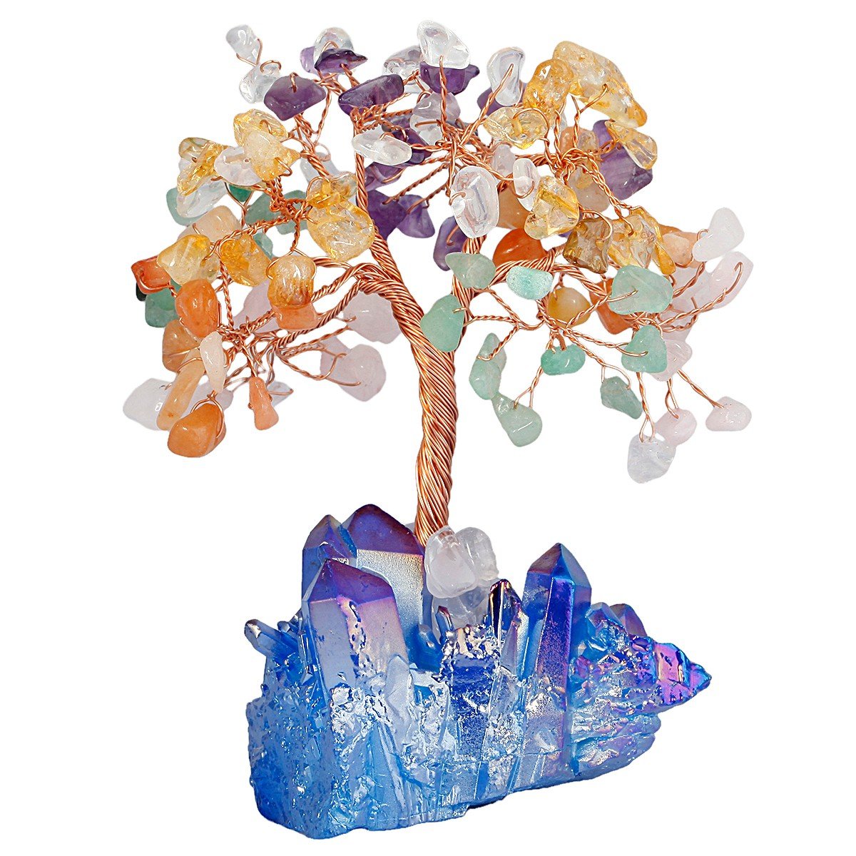mookaitedecor Natural Chakra Crystal Money Tree with Blue Titanium Quartz Crystal Base, Gemstone Feng Shui Ornaments Small Bonsai Tree Chakra Tree of Life Blue Ornament Good Luck Healing Crystal Gift