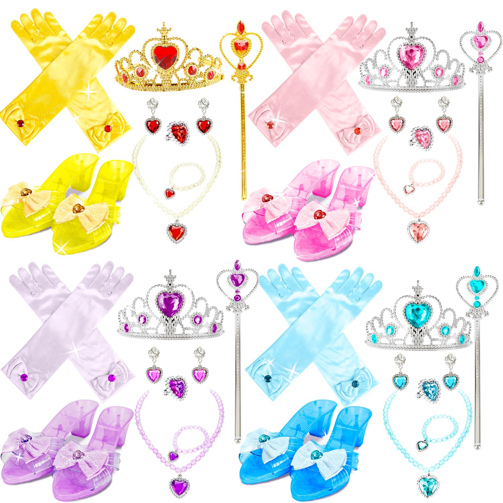 Swakuta 32 Pcs Girls Princess Dress Up Set Includ 4 Pairs Heels Shoes and 28 Princess Accessories with Crown, Magic Wand, Gloves, Jewelry for Toddler Pretend Birthday Christmas Gifts