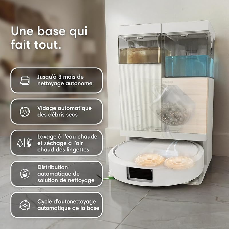 Roomba Plus 576 Combo Robot+AutoWash- 25KPa -Base Multifonction - Lavage à 75°C - séchage des lingettes à 45°C - LiDAR Clearview+Caméra - 3 mois d'autovidage - Accessoires supplémentaires- Noir