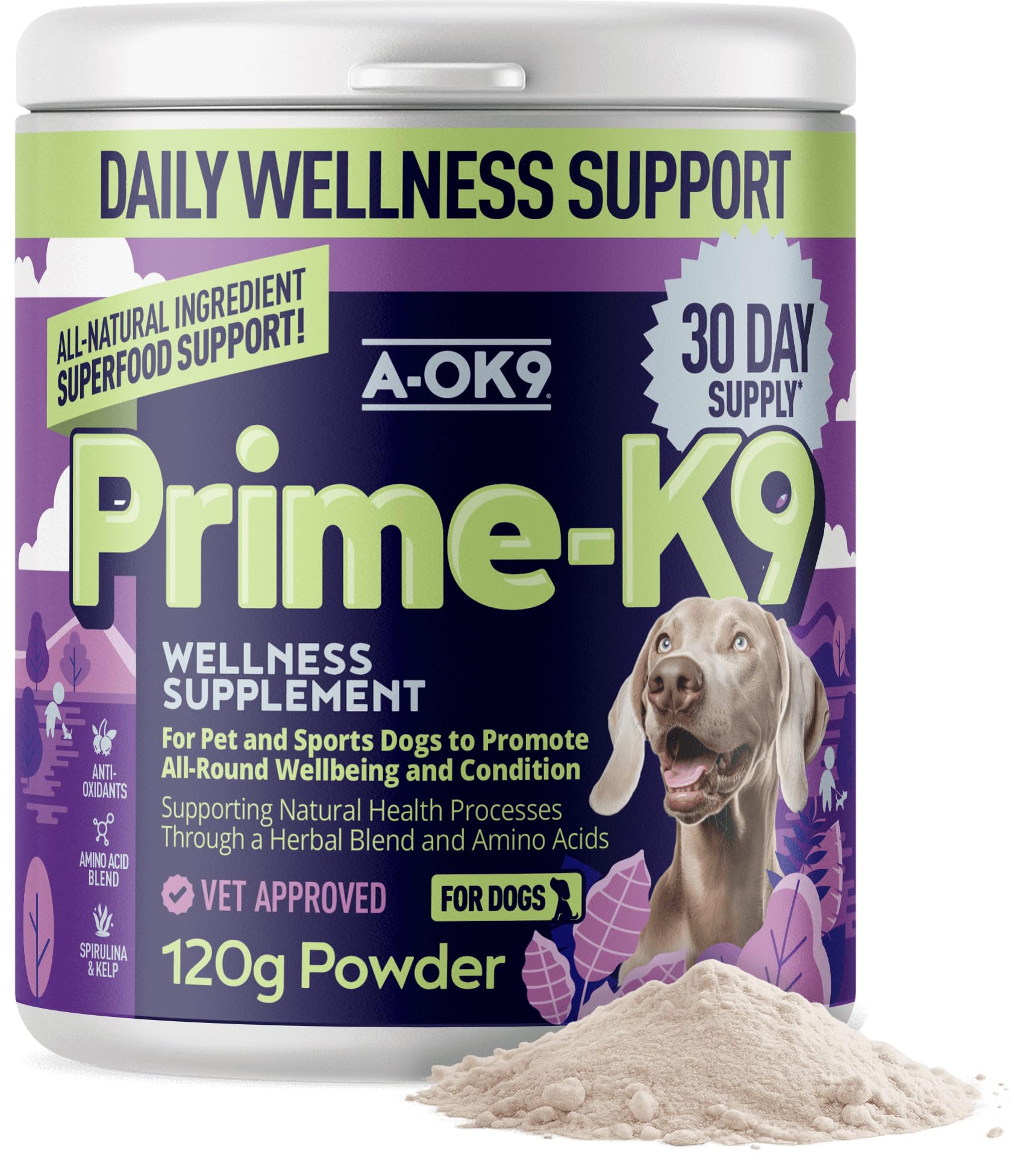 A-OK9 Prime-K9 Wellness Supplement for Dogs - Pot of 120g Powder - Promotes All-Round Wellbeing & Condition - Natural Ingredients - Vitamins for Dogs - All Ages & Breeds