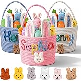 Personalized Easter Baskets for Boys & Girls, Cute Bunny Custom Easter Basket for Girls with Embroidered Name Woven Cotton Rope Tote Kids’ Easter Gifts for Egg Hunts