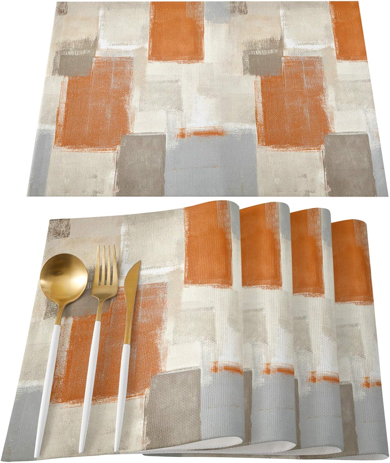 Orange Gray Placemats Set of 6, Cotton Linen Heat Resistant Table Mats Non-Slip Washable Burnt Orange Brown Gray Graffiti Paint Art Placemat for Holiday Banquet Dining Table Kitchen Decor