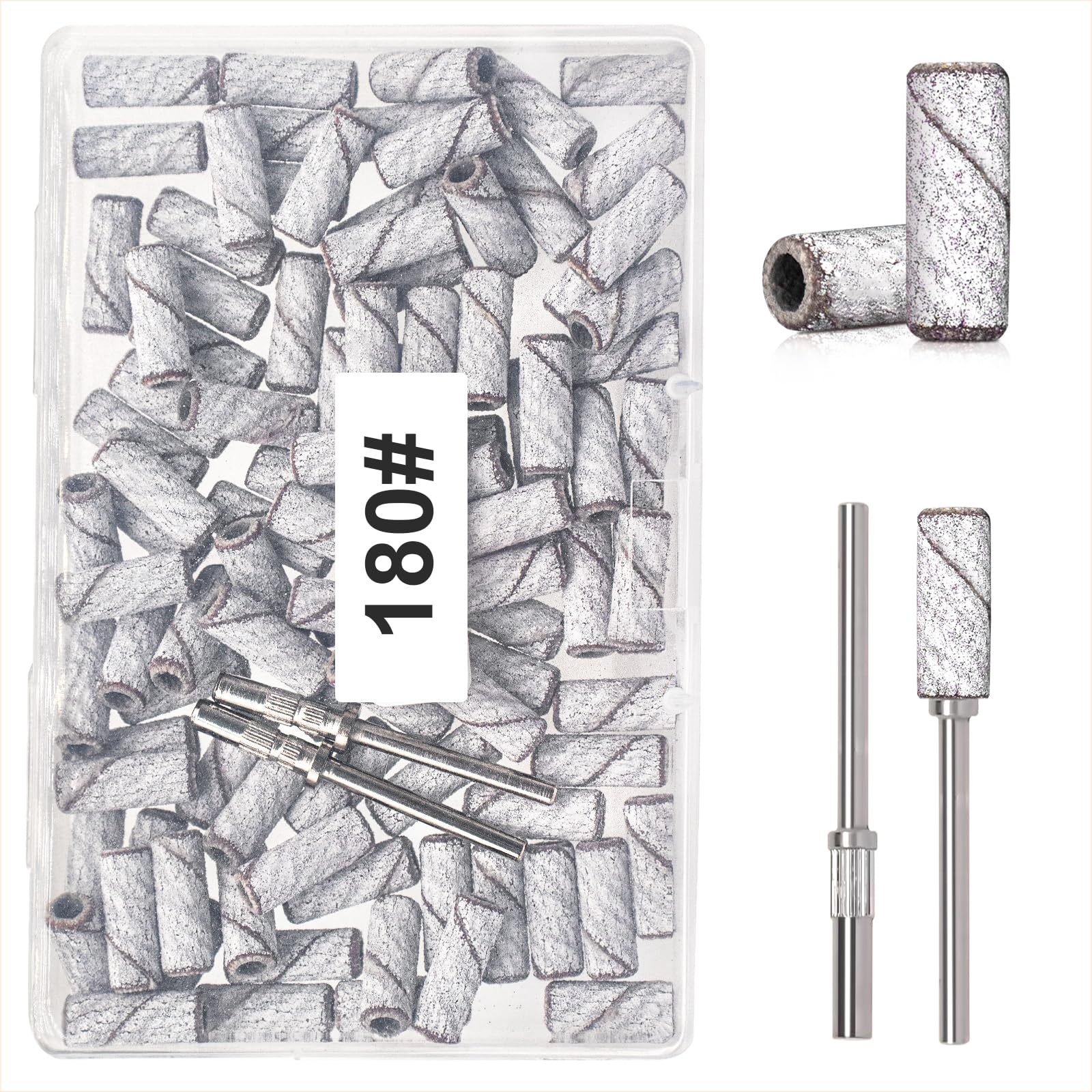 Small Sanding Bands for Nail Drill, 100pcs Mini Bands 180 Fine Grit Nail File Sanding Bands with Upgrade 2pcs 3/32'' Mandrels Bits, for Acrylic Nail Gel Removal, Plastic Polishing Manicure, White