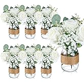 Yuxung 43 Pcs/ 6 Set Rose Mason Jar Table Centerpiece Mason Jar Vases Faux Floral with Rope Boho Rustic Flower Table Decoration for Reception Engagement Party Bridal Shower Wedding