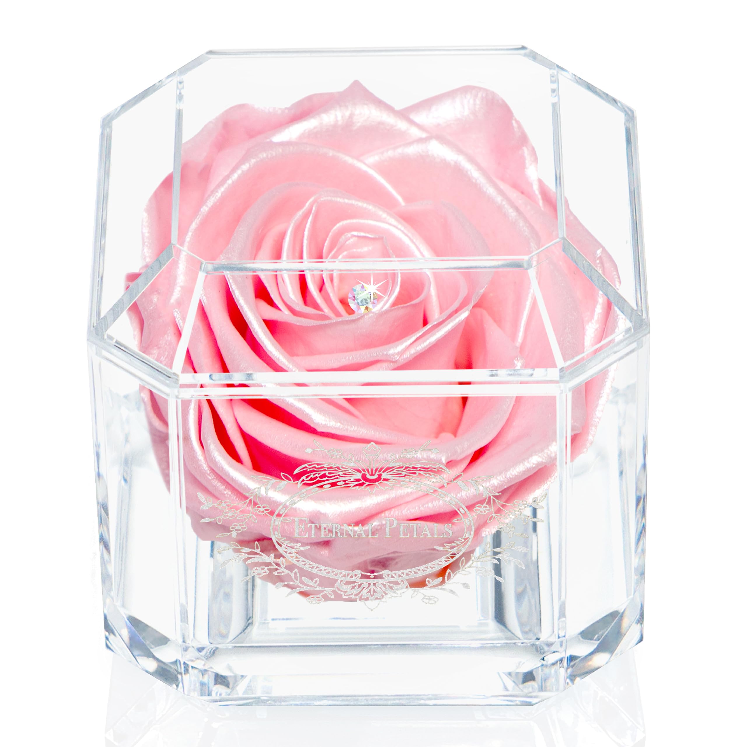 Eternal Petals A 100% Real Rose That Lasts Years, Handmade in UK โ White Gold Solo with A Multicolor Crystal (Pink Satin)