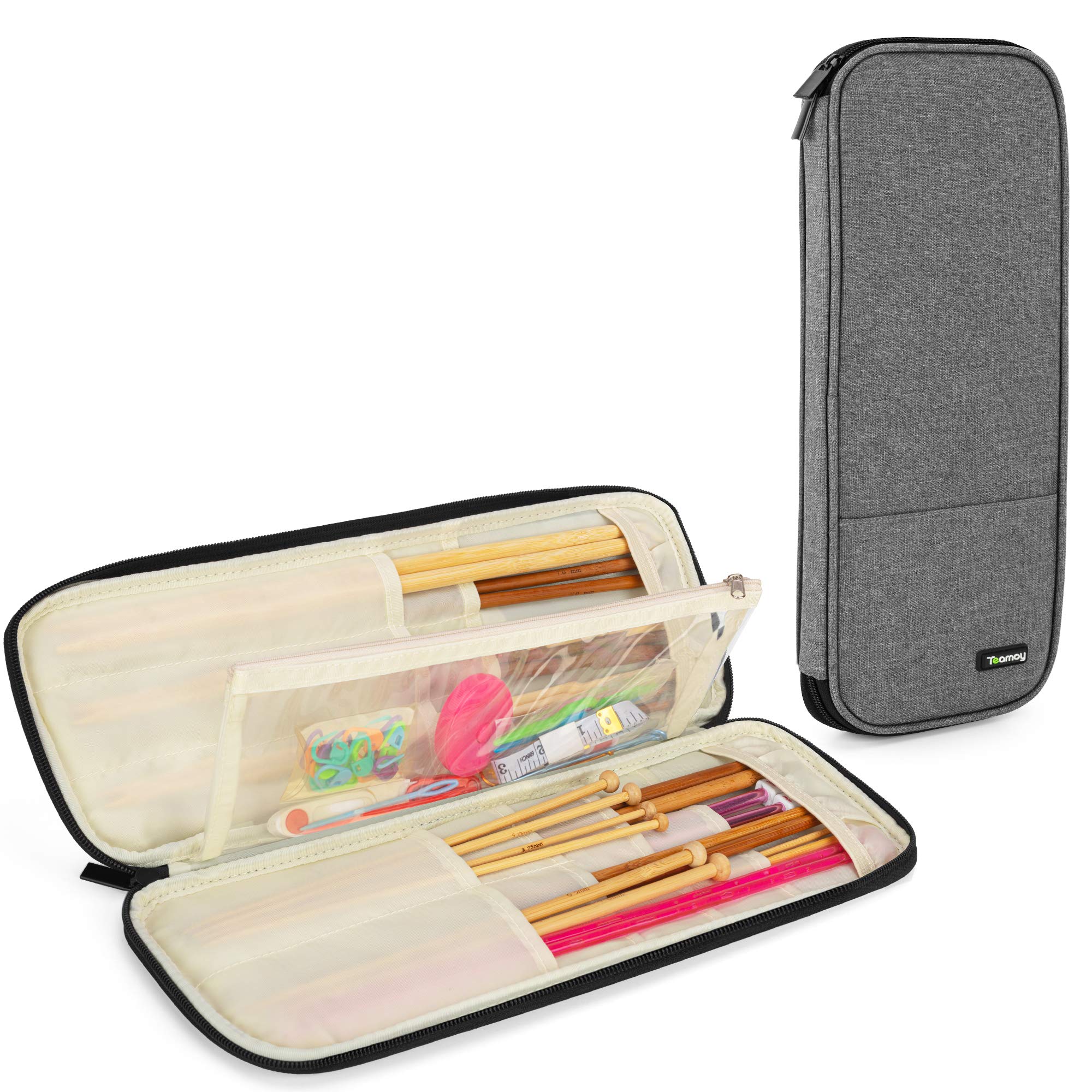 Teamoy Knitting Needles Case, Knitting Needles Storage Bag for Knitting Needles(up to 14" /35.5cm), Organiser Case for Tunisian Crochet Hooks with Transparent Accessories Pocket, Grey