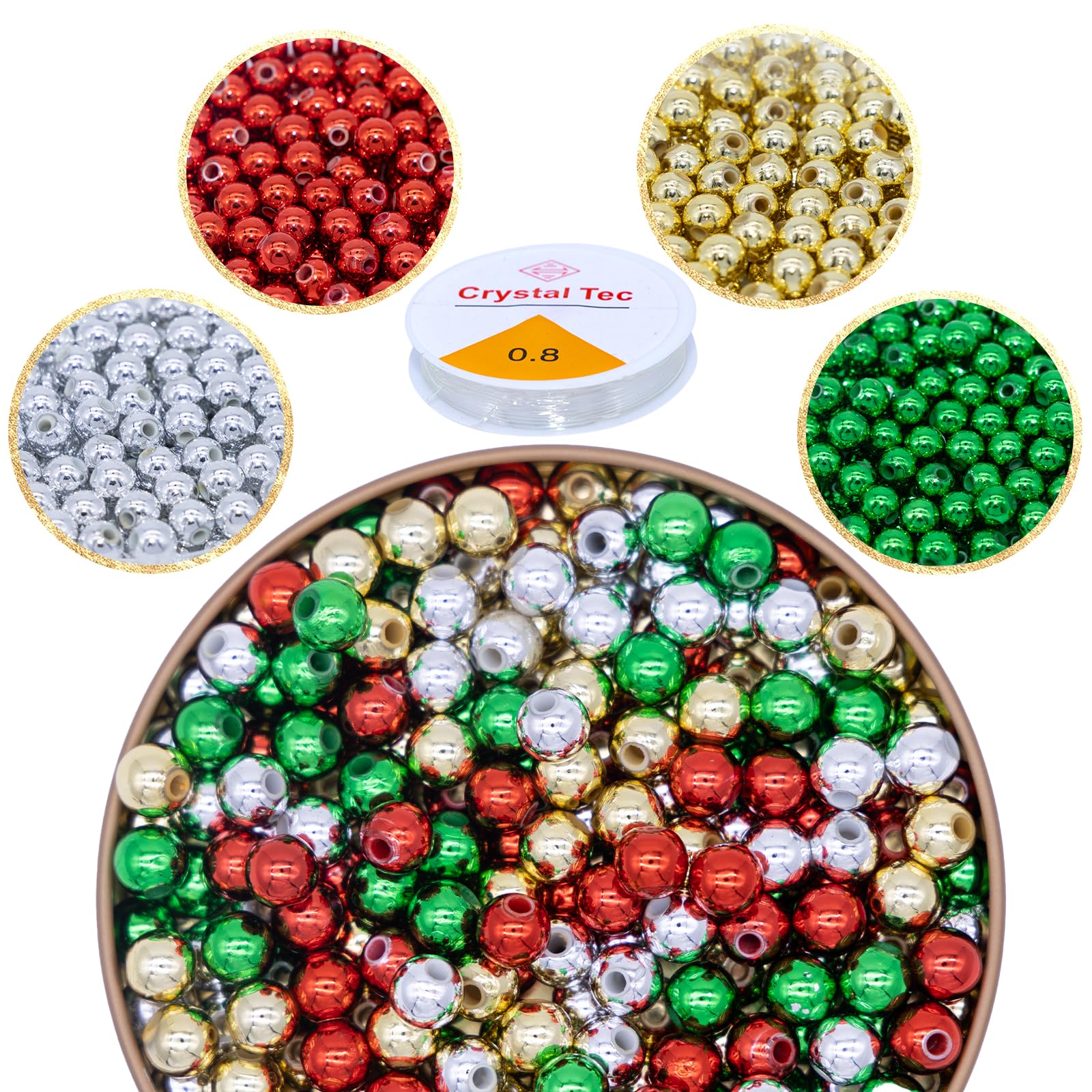 600Pcs Christmas Beads, 8mm Metallic Round Pony Beads with Elastic String Red Green Silver Gold Plastic Craft Beads for Jewelry Making Necklace Bracelet DIY Craft Home Hanging Ornament Supplies