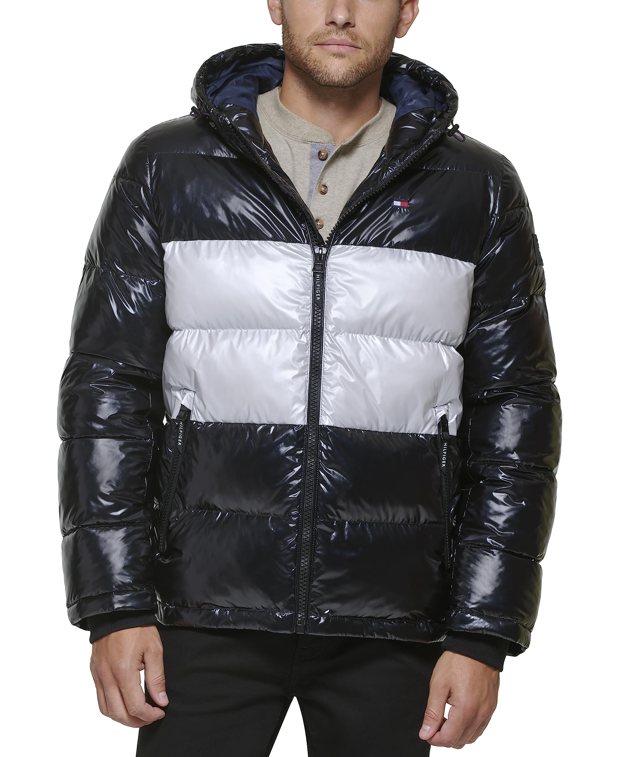 Tommy Hilfiger Men’s Hooded Puffer Jacket, Black/White Pearlized, X-Large
