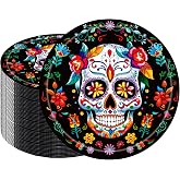 HSPAIDYP 50Pcs Day of the Dead Party Supplies,7Inch Day of the Dead Plates Purple Sugar Skull Dessert Plates,Dia De Los Muertos Birthday Party Decorations (Black)
