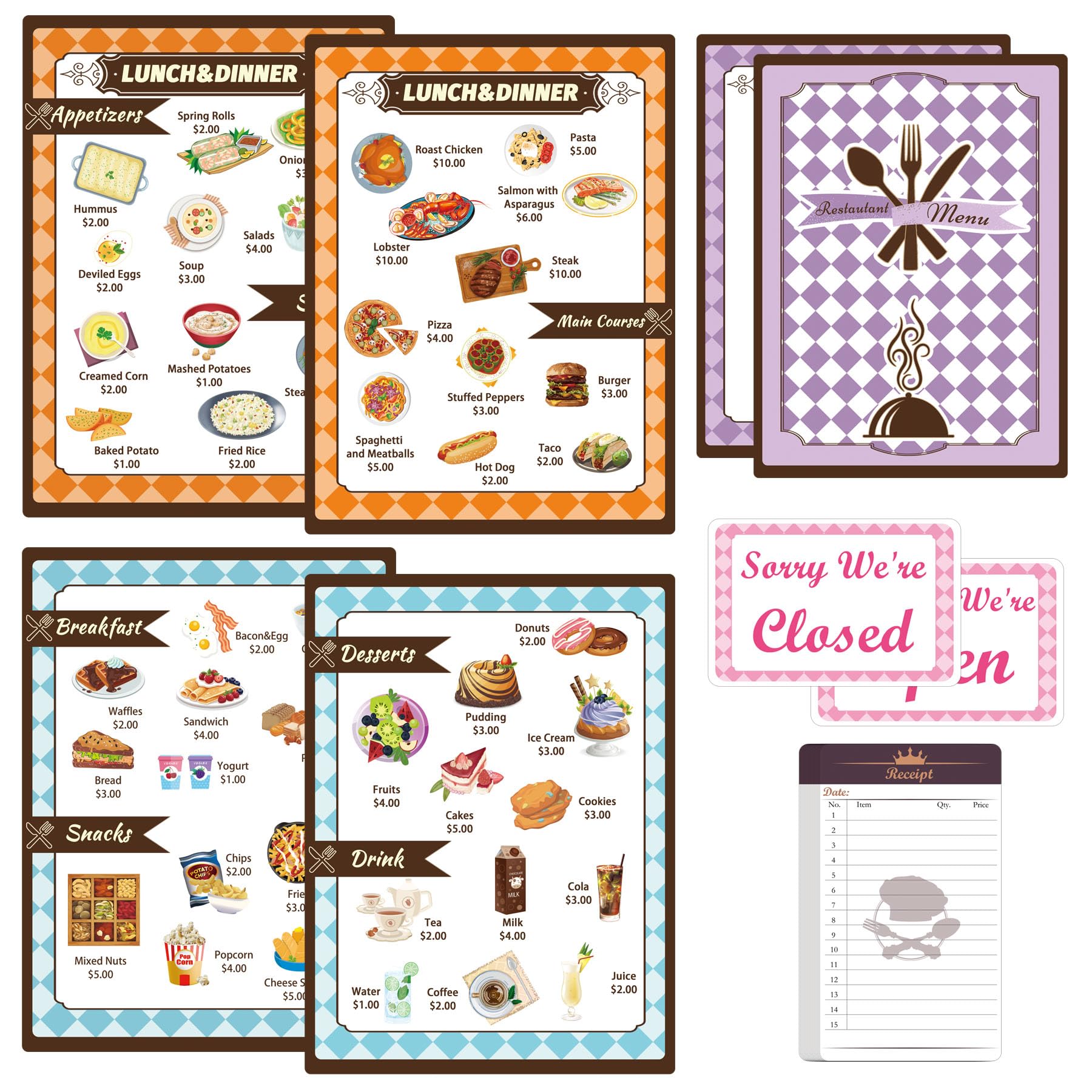 Diner Restaurant Server Play Set Pretend Food Play Kitchen 1 Pcs Receipt Pad 2 Double Sided Restaurant Menu Waitress Role Play Accessories for Girls Boys Party Learning Birthday Gift