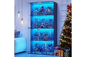 Lvifur Display Cabinet with Glass Doors,66' Curio Cabinet with Lockable,4-Tier Bookcase with 3 Color Lights for Collectibles,Storage Cabinets with Human Body for Books,Toys,Black