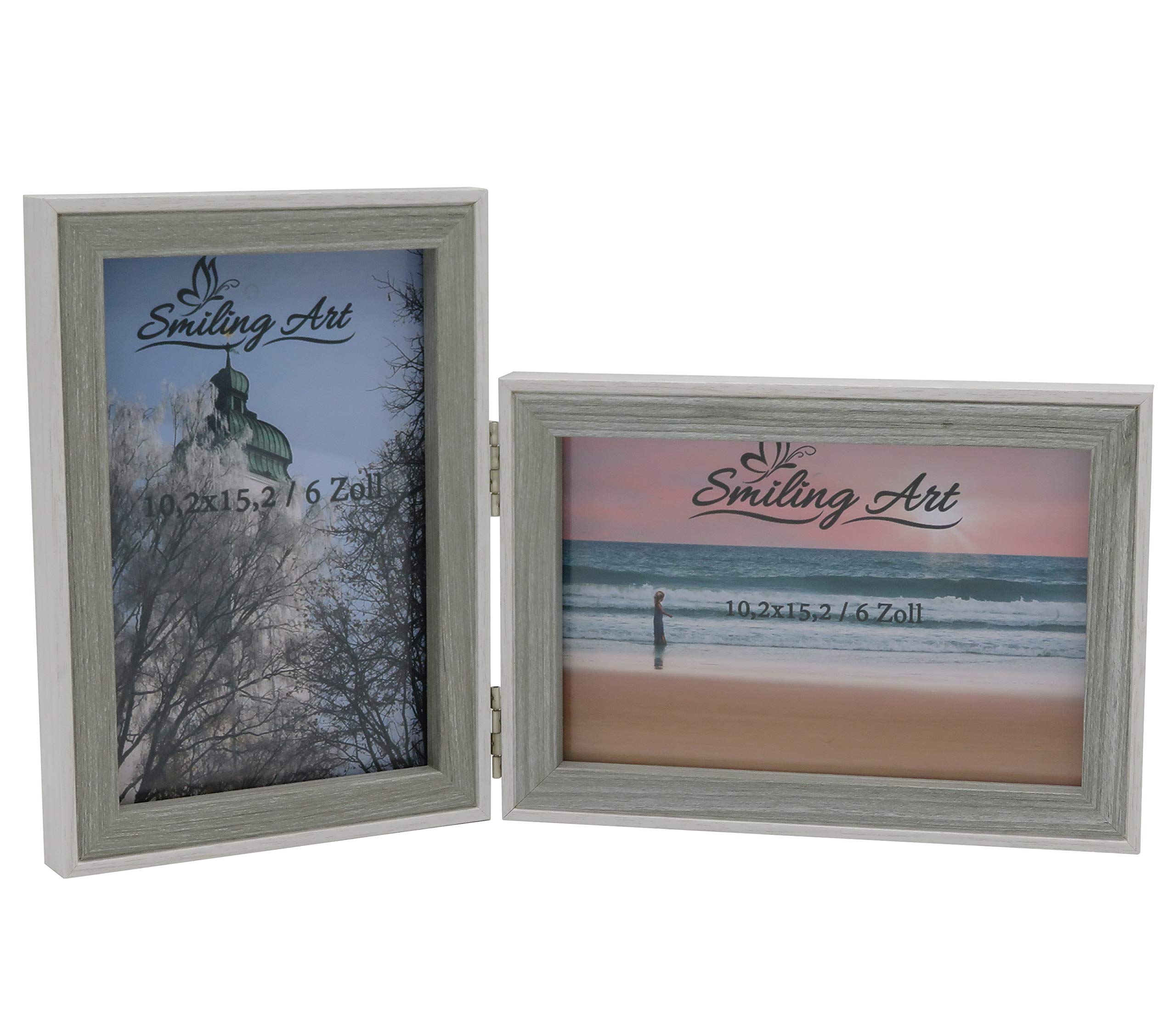 Smiling Art | Double Picture Frame | 10x15 cm made of MDF wood with glass | foldable photo frame for 2 photos | for standing or hanging | landscape and portrait format (White & Grey, 2x10x15 cm) — image 1