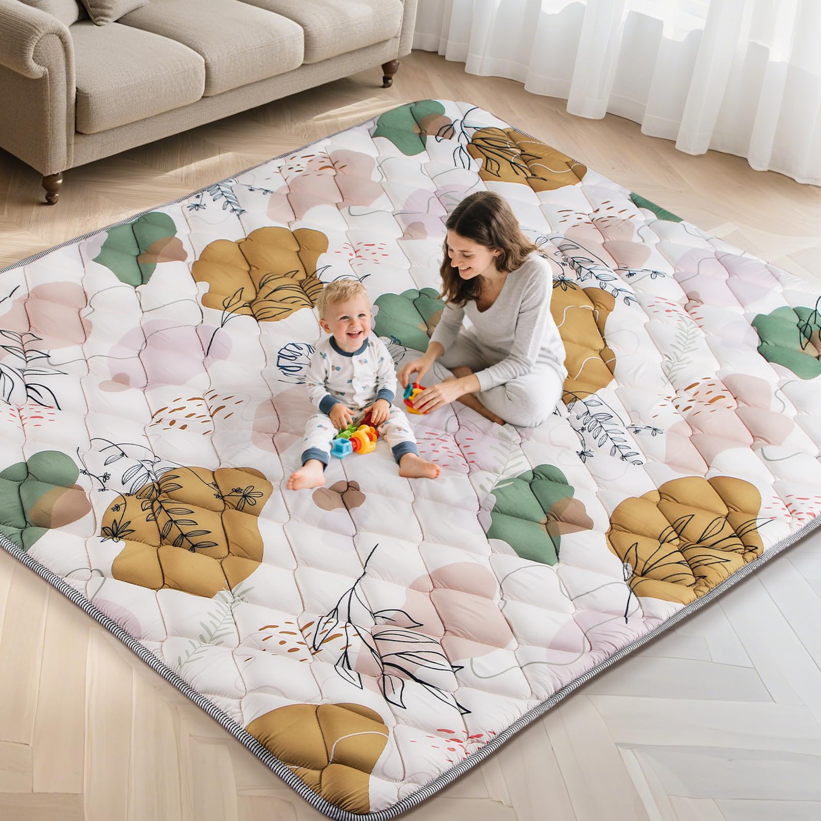 Photo 1 of 79x71IN Baby Play Mat - Tummy Time Mat for Babies 6-12 Months - Non-Slip Safe Crawling Baby Mat for Indoor & Outdoor - Soft Foam Foldable Cushion Playmat for Kids Playpen & Machine Washable, Boho
