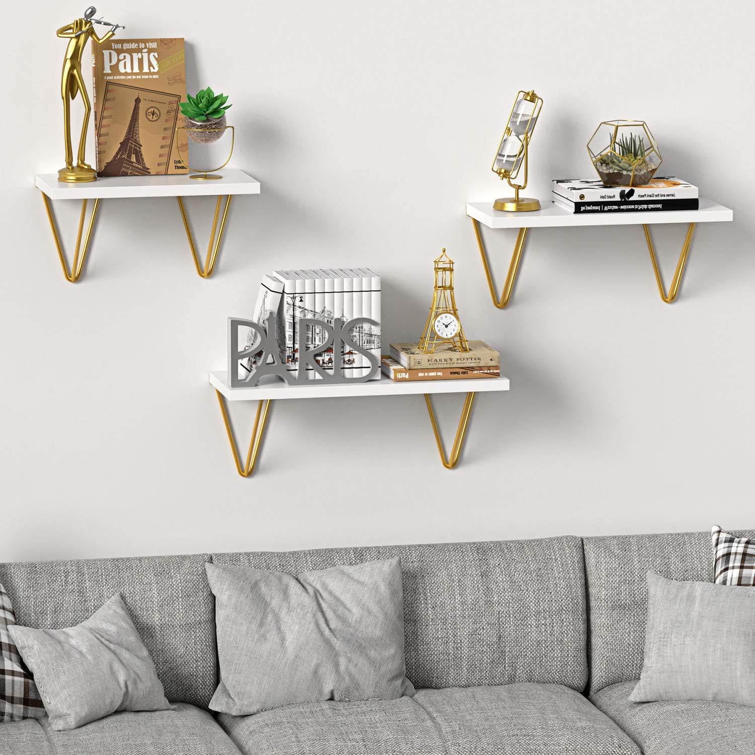 White Floating Shelves - Elegant Vanity Triangle Golden Metal Brackets Hanging Wall Shelves Set of 3 - Wall Mounted Shelf for Living Room, Bedroom, Kitchen by AMADA HOMEFURNISHING: Kitchen & Dining