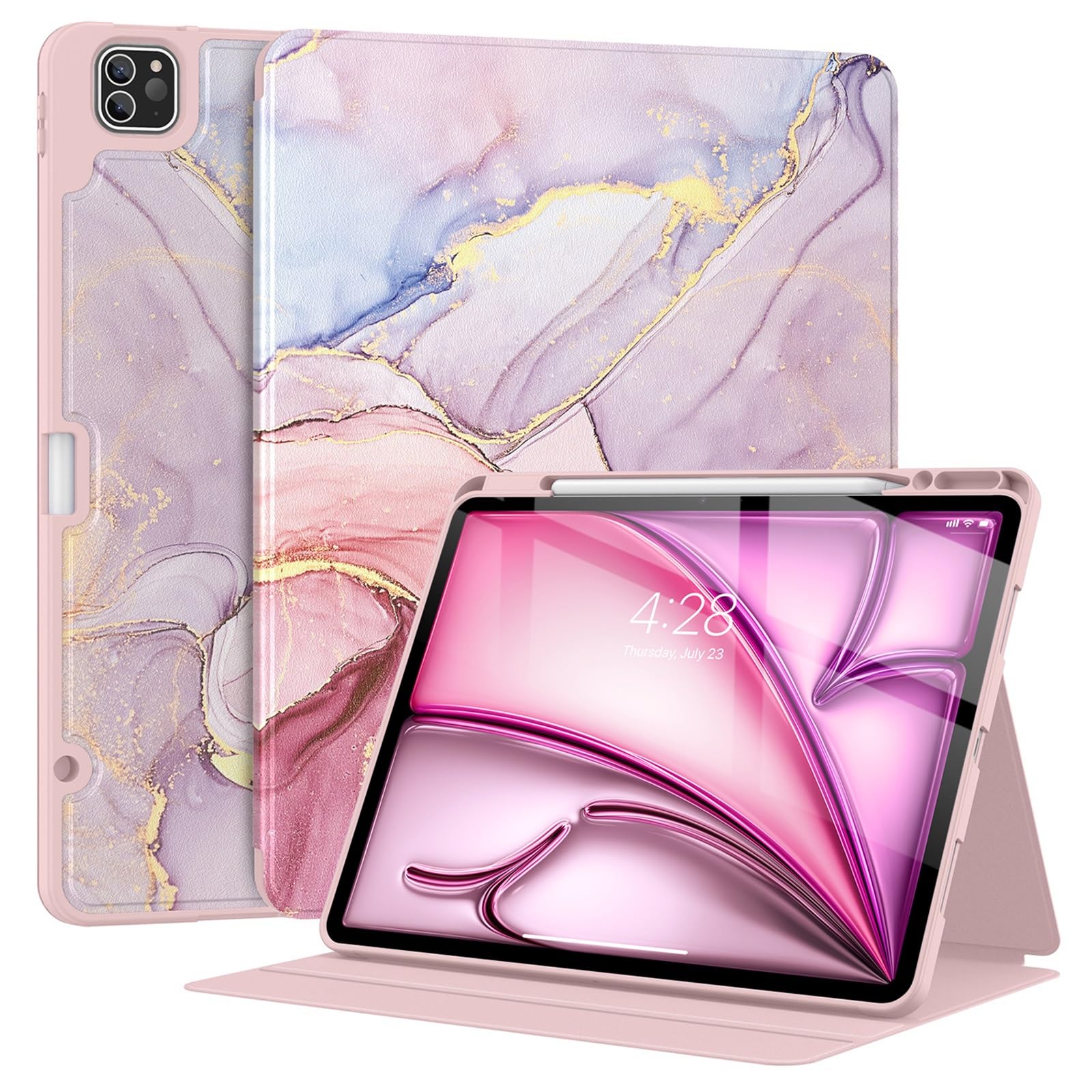 Photo 1 of Supveco Case for iPad Air 13 Inch M3 2025,M2 2024 & iPad Pro 12.9 6th/5th Gen 2022/2021 with Pencil Holder-[Pencil Charging+Auto Wake/Sleep],Folio Stand Case with Soft TPU Back Cover-Pink Marble