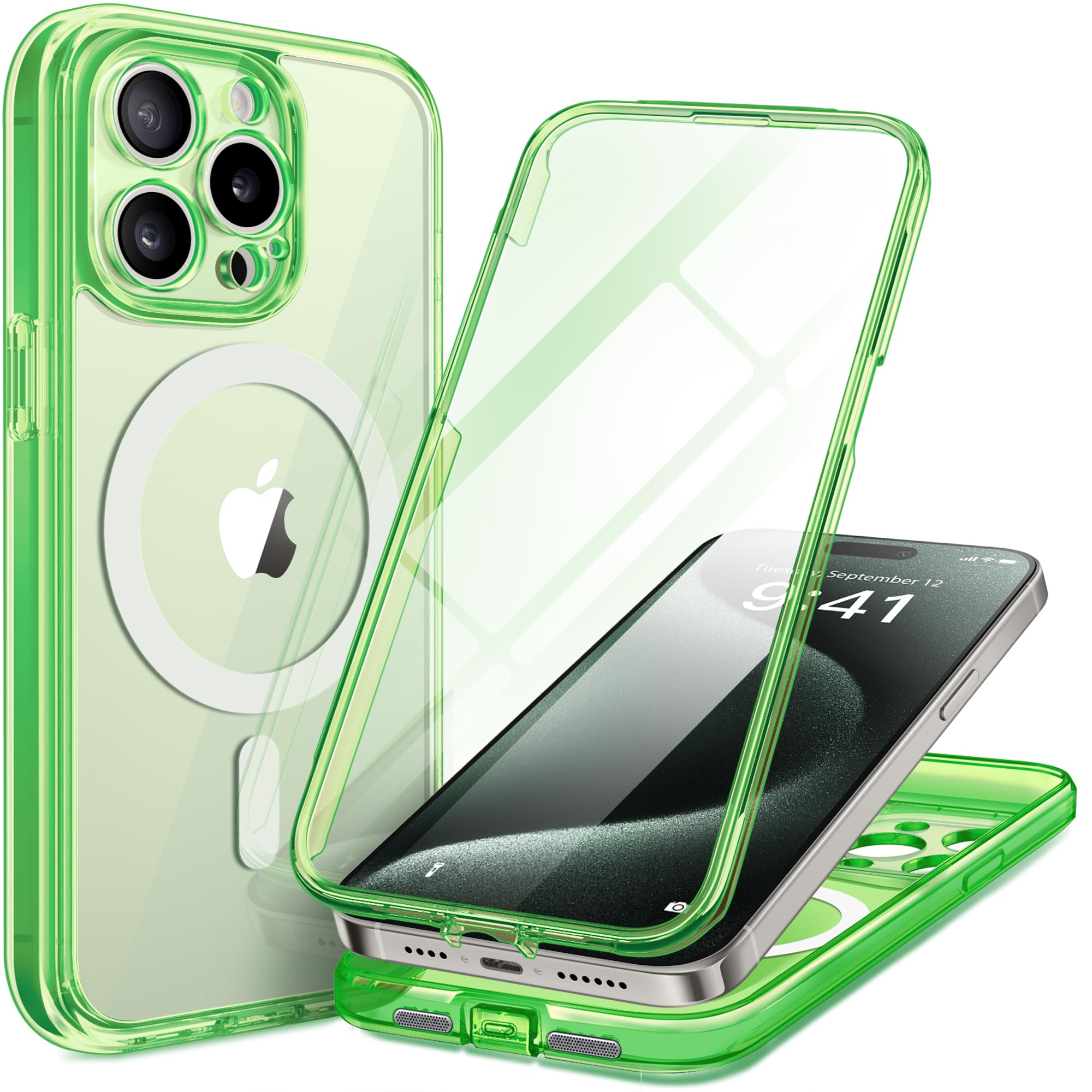 TIESZEN for iPhone 15 Pro Max Case, Compatible with MagSafe, Built-in Privacy Screen Protector and Camera Protection, Anti Spy Full Body Dustproof Shockproof Hard Phone Case 6.7",Bright Green — image 1