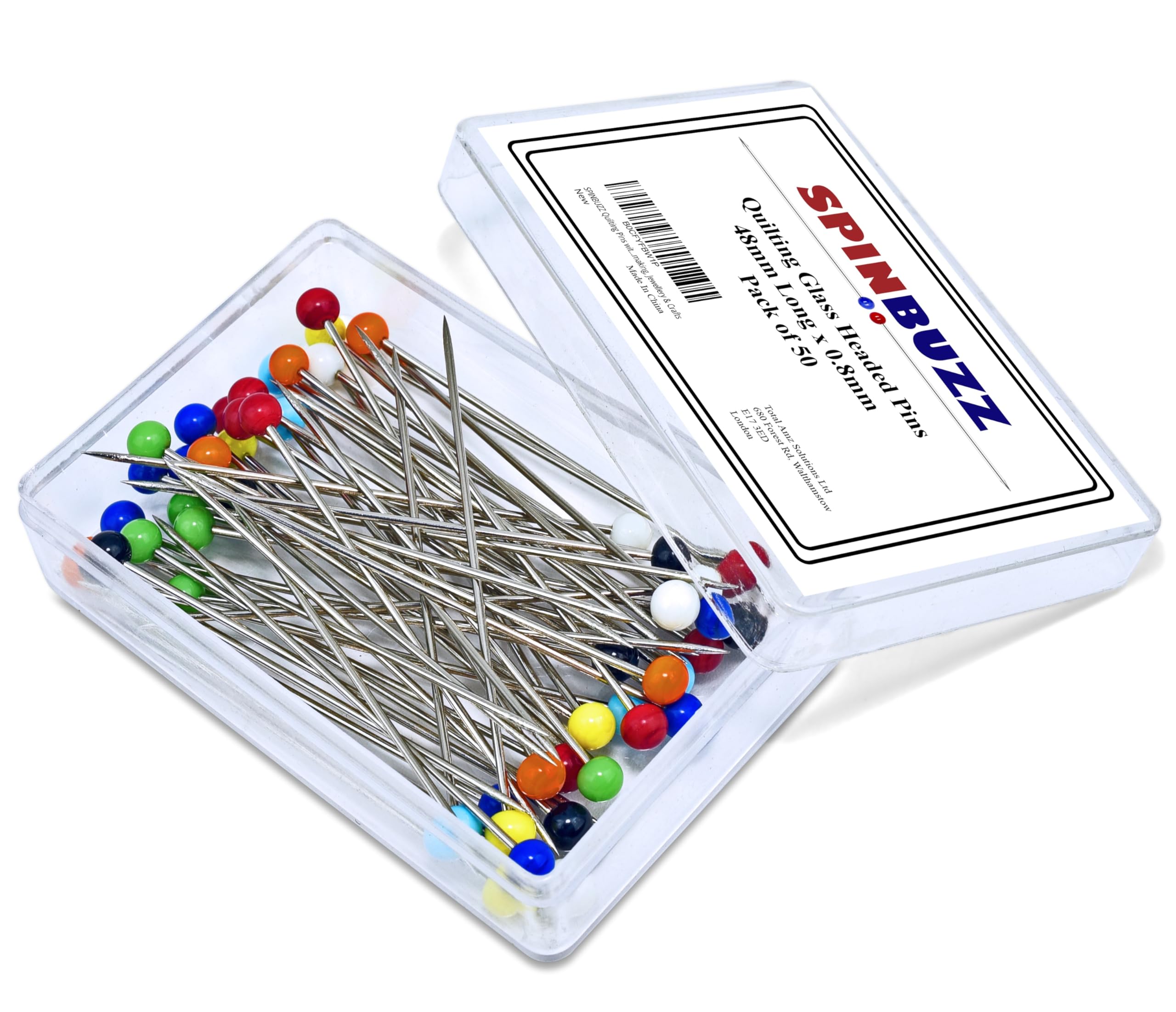 SPINBUZZ 48mm Extra Long Sewing Pins with Glass Heads 50 Pieces - 0.8mm thick Quilting Pins for Dressmaking, Jewellery & Crafts