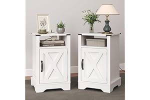 RoyalCraft Farmhouse Nightstand, White End Table with Charging Station, Tall Bedside Table with Large Storage Room and Shelf, Wooden Rustic Side Table for Bedroom, Home Office, White