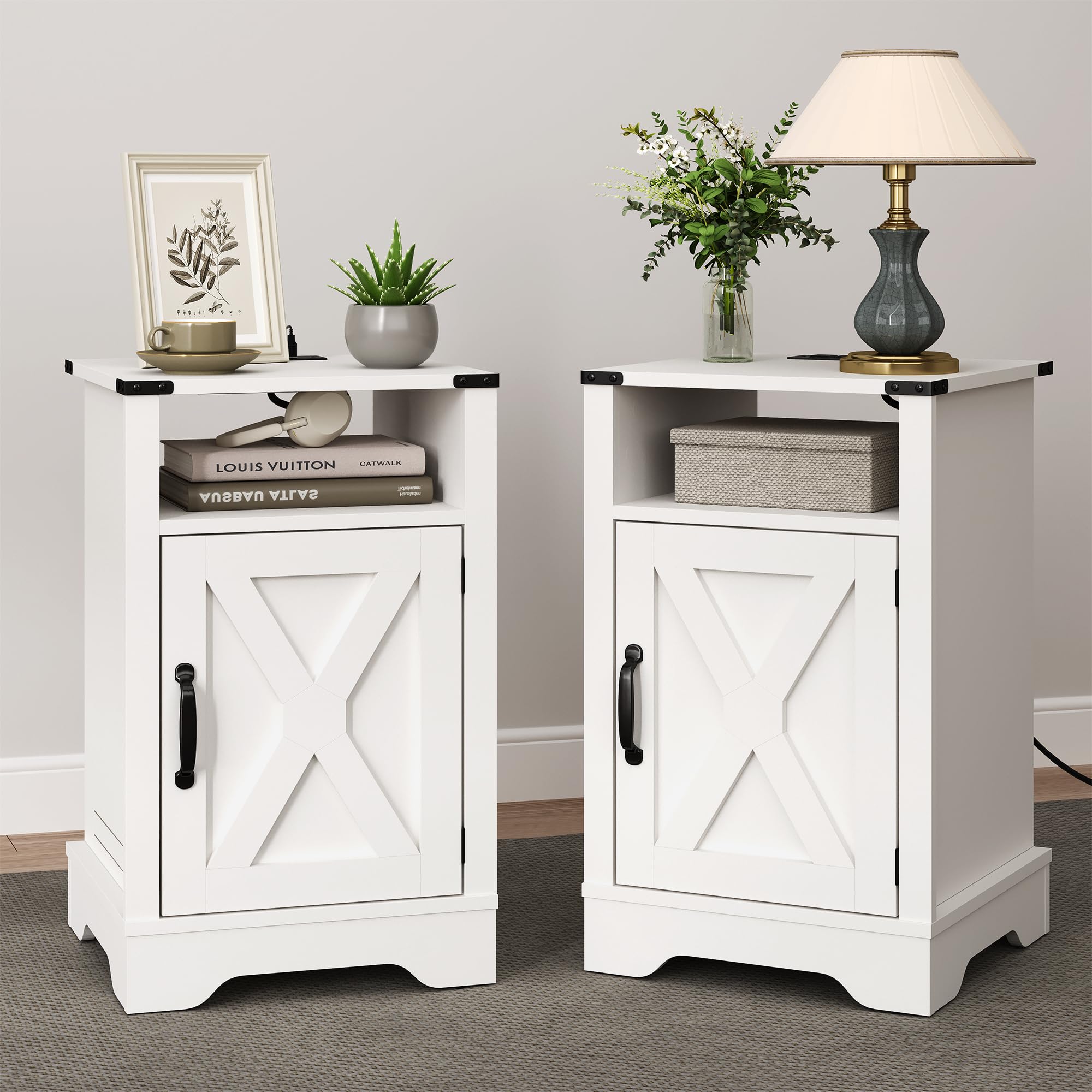 Photo 1 of **ONLY 1**RoyalCraft Farmhouse Nightstand, White End Table with Charging Station, Tall Bedside Table with Large Storage Room and Shelf, Wooden Rustic Side Table for Bedroom, Home Office, White