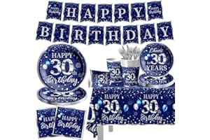 GREHUMOR 142 Pcs 30th Birthday Tableware Set Decorations Sliver and Blue 30th Happy Birthday Party Supplies for Men Women Bir