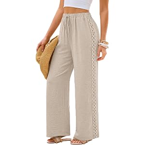 Sampeel Wide Leg Palazzo Pants for Women Flowy Lace Elastic Waist with Pockets Summer Vacation Outfits