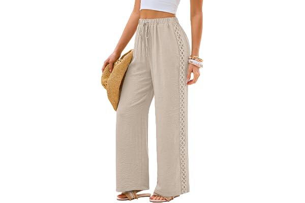 Sampeel Wide Leg Pants for Women Flowy Lace Palazzo Elastic Waist Trousers with Pockets Summer Beach Vacation Outfits
