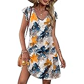 OFEEFAN Womens Summer Dresses 2026 Ruffle Sleeve V Neck Loose Swing Sundresses with Pockets Plain/Print