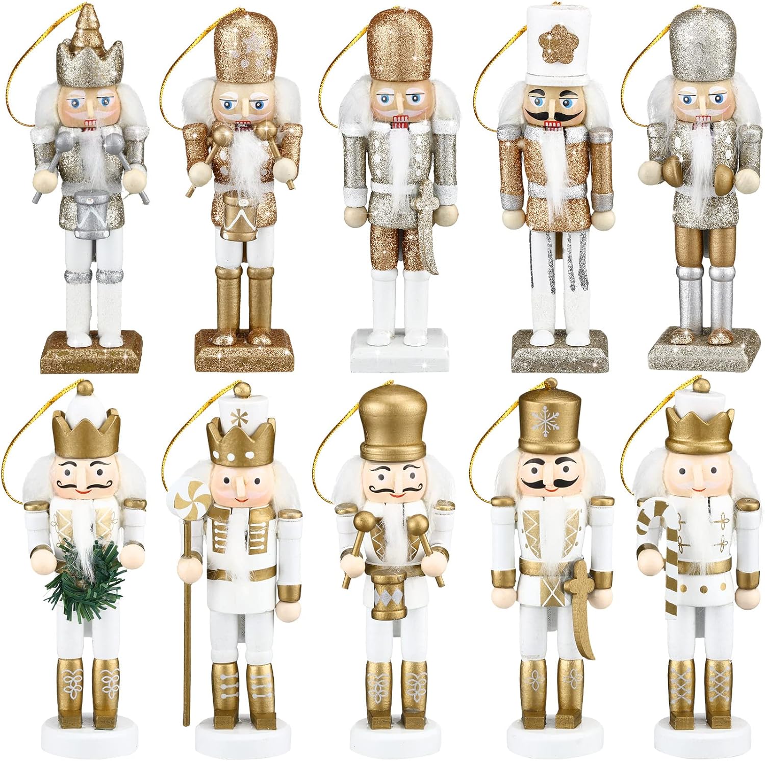 Nutcrackers - 10 Pcs Christmas Nutcracker Ornaments Wooden Nutcracker Hanging Decorations 5 Inch Tall Nutcracker Figures Nutcracker Christmas Decorations Nutcracker Soldiers for Figures Puppet Toy (Gold Series)