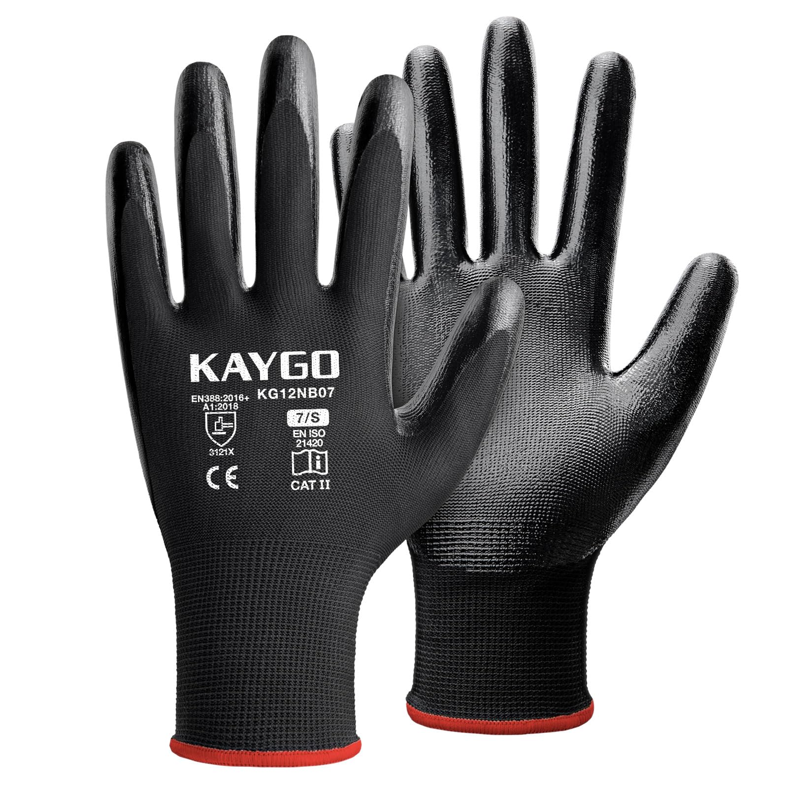 KAYGO Safety Work Gloves Nitrile Coated, Good Grip and Dexterity, 12 Pairs General Purpose Durable Working Gloves for Men and Women, Ideal for Construction Warehouse Automotive DIY, KG12N (Black, S) — image 1