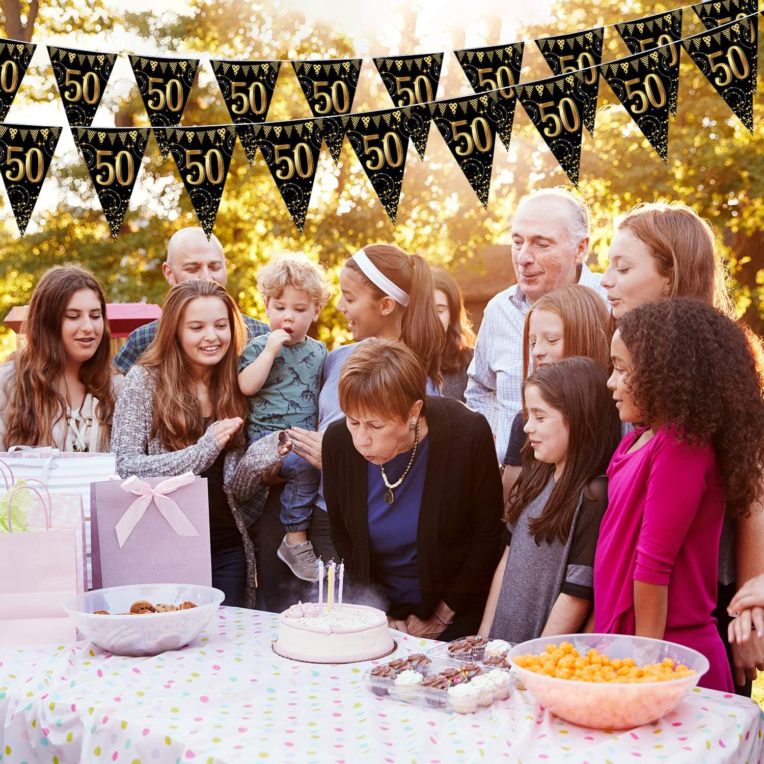 Frienda 5 Pcs Happy 50th Birthday Banner Bunting Flags Gold and Black Glitter 50th Birthday Anniversary Party Decoration Supplies - Image 5