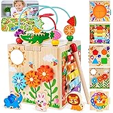 Wooden Activity Cube | Montessori Toys for 1-2 Year Old Toddlers | One Year Old 1st First Birthday Gift | Developmental Toys for 12 Months Baby Boys Girls | Bonus Sorting & Stacking Board (Blue)