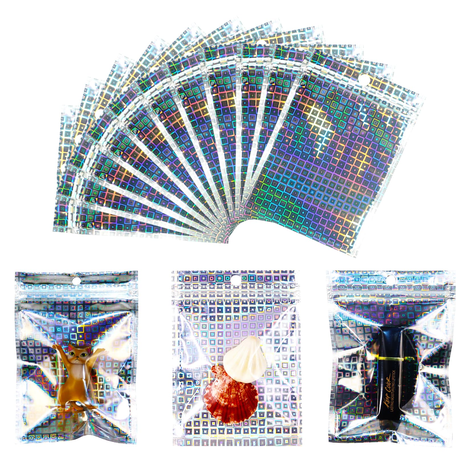 100 pcs Mylar Resealable Holographic Bags，4x9inch Aluminium Self Sealing Zip Lock Storage Bags for Gift Jewellery Sample，Cookie Chocolates Biscuit Sweets Candy