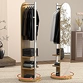 Maeklon 360° Swivel Full-Length Mirror with Coat Rack, 2-in-1 Freestanding Floor Mirror & Organizer with 6 Hooks and 2 Shelve