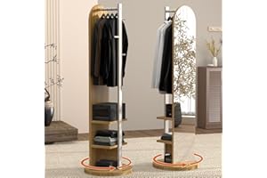 Maeklon 360° Swivel Full-Length Mirror with Coat Rack, 2-in-1 Freestanding Floor Mirror & Organizer with 6 Hooks and 2 Shelve