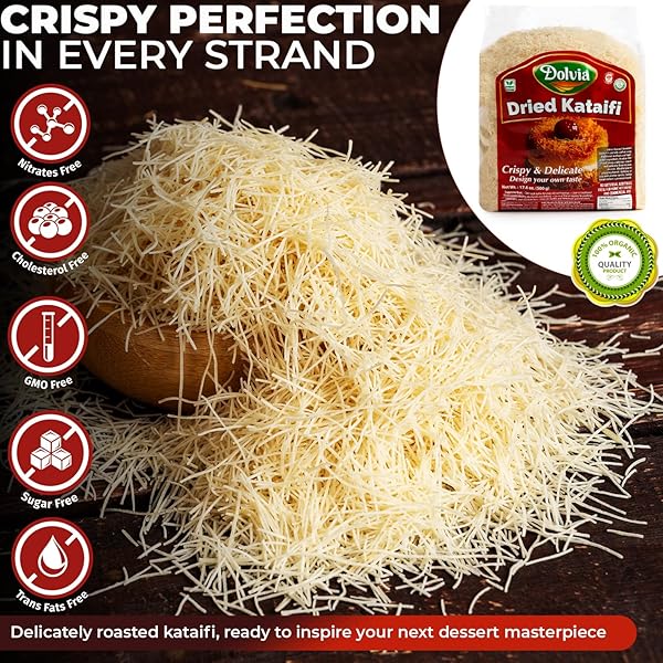 DOLVIA DUBAI CHOCOLATE KATAIFI 500G – PREMIUM DRIED SHREDDED FILLO DOUGH FOR DUBAI CHOCOLATE BAR KIT, PISTACHIO CREAM DESSERT, BAKLAVA, KADAIF & KUNAFA PASTRY, VEGAN NON-GMO (17.6 OZ)
