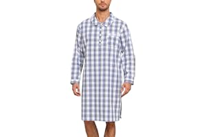 SWOMOG Men's Nightshirt 100% Cotton Long Sleeve Sleep Shirt Button Down Nightgown Soft Sleepwear Comfy Nightwear S-XXXL