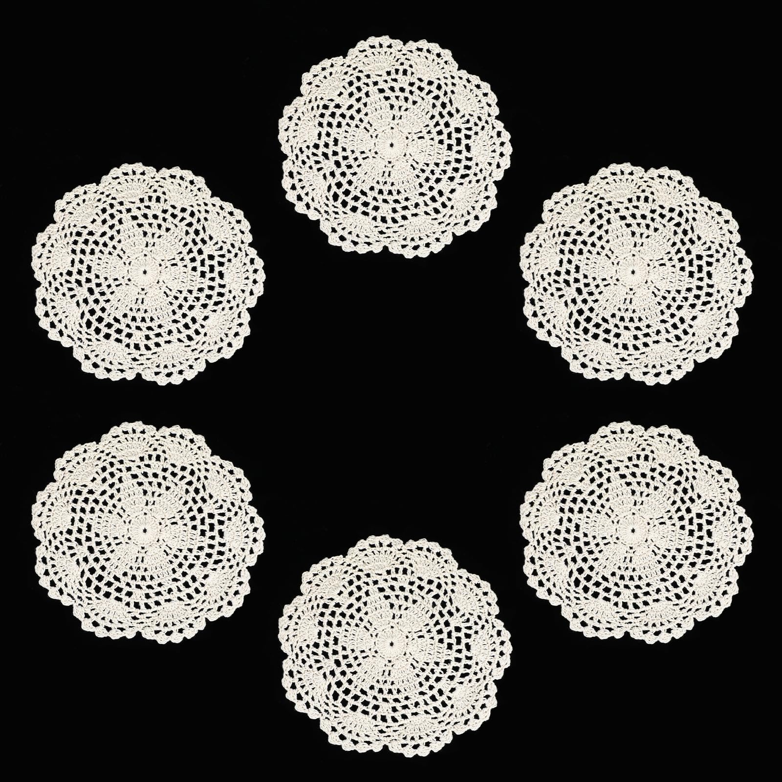 Photo 1 of 6 Pcs Beige Crochet Doilies 8 Inch Round Lace Doily Handmade Lace Placemats Cotton Crocheted Coasters Vintage Table Placemats Doilies Rustic Table Doilies Decors for Kitchen Dining Room Party Wedding